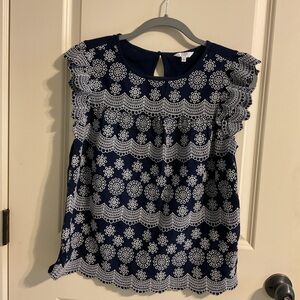 Crown & Ivy Navy and White Embroidered Blouse